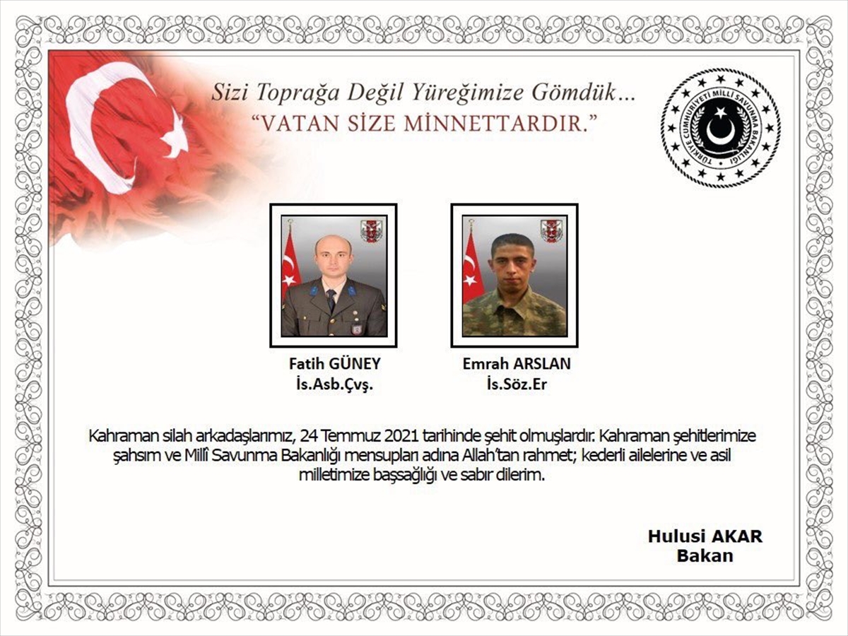 Milli Savunma Bakanı Akar'dan şehit askerler için başsağlığı mesajı