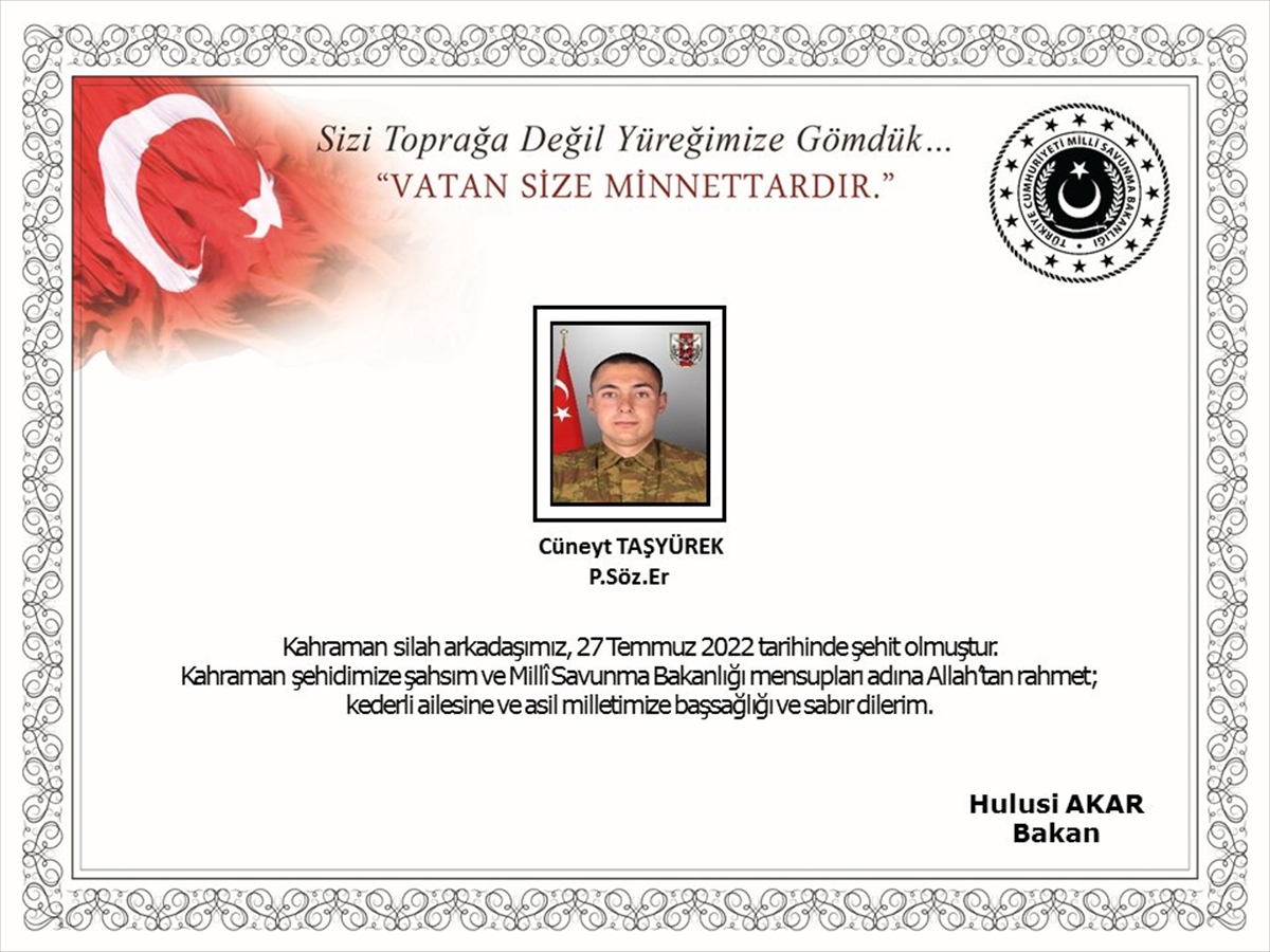 Pençe 1-2 harekat bölgesinde yaralanan asker şehit oldu