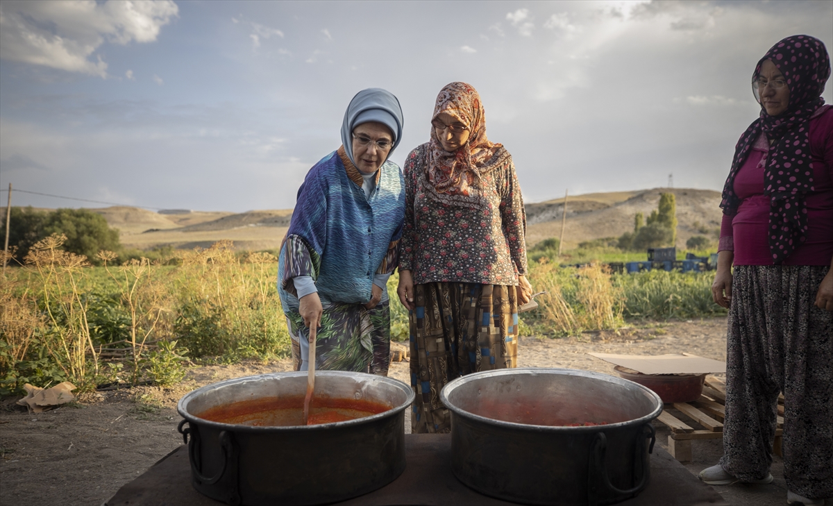 Emine Erdoğan, Ayaş'ta çiftçi kadınlarla tarladan domates topladı, kışlık menemen yaptı: