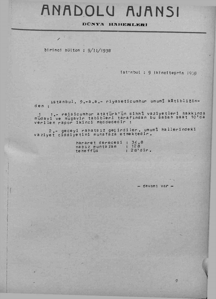 Büyük Önder Atatürk'ün son saatleri AA bültenlerinde